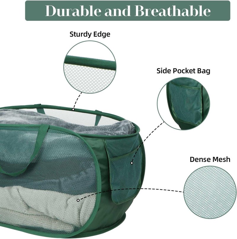 Bemkoo Sturdy Mesh Pop Up Laundry Hamper, Collapsible Laundry Baskets with Side Pocket, Foldable Clothes Hamper with Reinforced Carry Handles for Laundry, Bathroom, Kids Room, Dorm or Travel 2 Pack Emerald - Image 4
